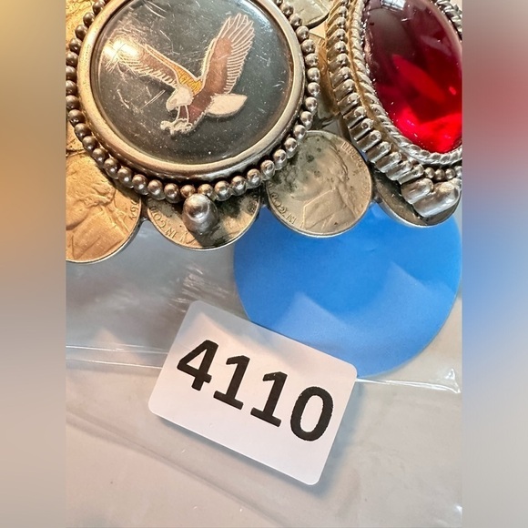 Patriot BELT BUCKLE MENS Eagle Nickels and Red Cabochons 5.5 Silver Tone 4110 B - Picture 10 of 11